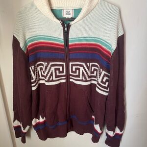 BDG Maroon Zip-Front Aztec Stripe Knit Cardigan with Cream Yoke